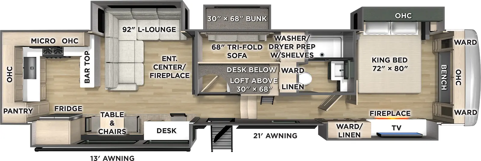 The Columbus 379MBL floorplan has one entry and five slide outs. Exterior features include: fiberglass exterior and 13' & 21' awning. Interiors features include: bunk beds, loft, rear kitchen, free-standing dinette option and front bedroom.